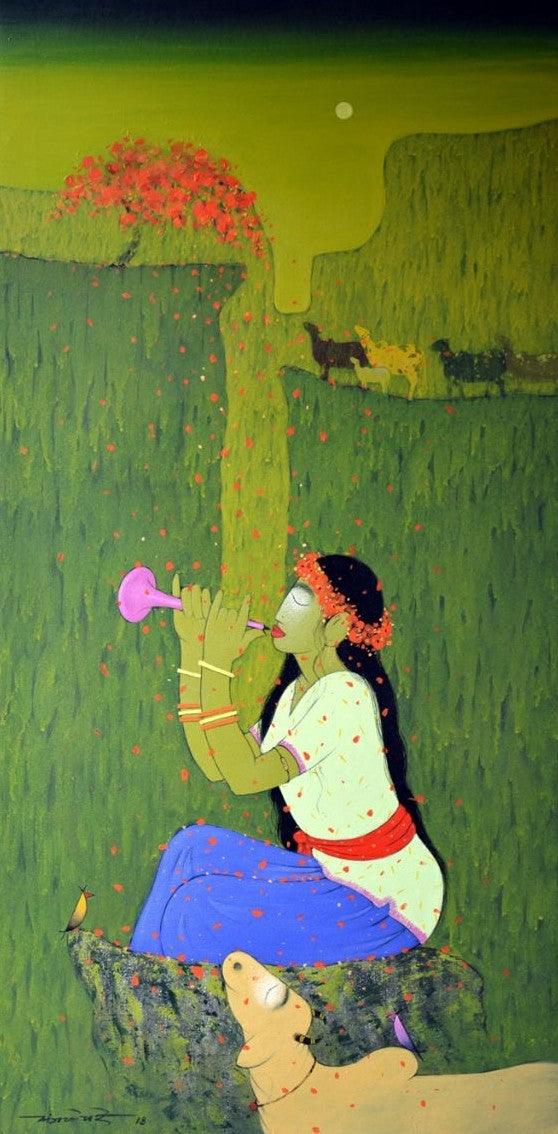 Figurative acrylic painting titled 'Swarokti', 48x24 inches, by artist Sanjay M Khochare on Canvas