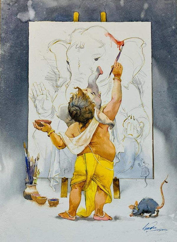 Religious watercolor painting titled 'Swayam Ganesha', 29x21 inches, by artist Vasudeo Kamath on Paper