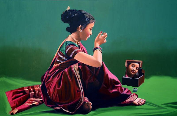 Figurative oil painting titled 'Swayamprabha', 48x72 inches, by artist Vinayak Takalkar on Canvas