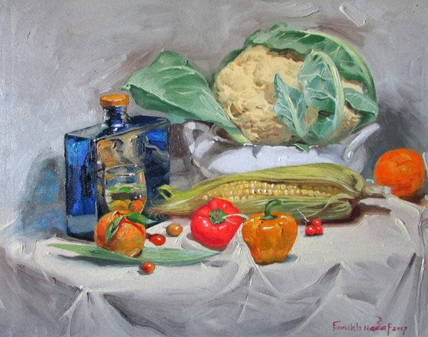 Still-life oil painting titled 'Sweet Corn', 16x20 inches, by artist Farukh Nadaf on Canvas