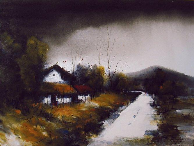 Landscape acrylic painting titled 'Sweet Home', 30x36 inches, by artist Parag Adhikari on canvas