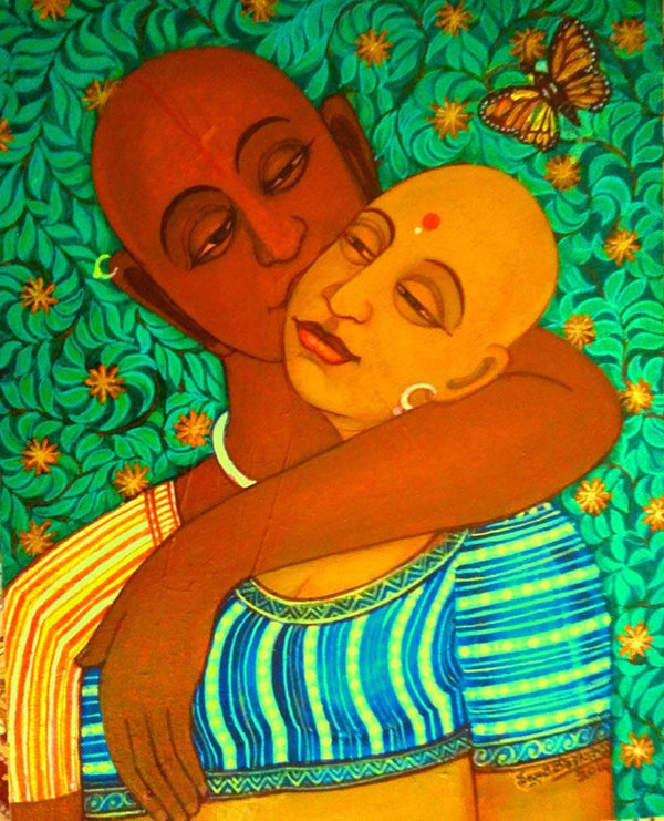 Figurative acrylic painting titled 'Sweet Kiss', 18x14 inches, by artist V.v. Swamy on Canvas