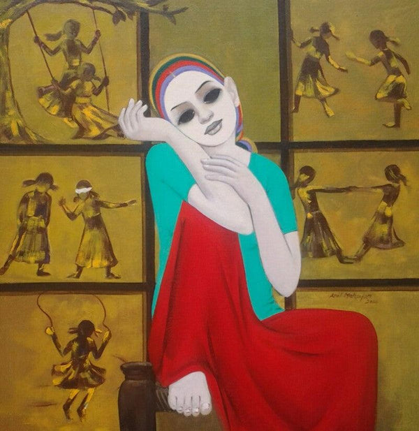 Figurative acrylic painting titled 'Sweet Memories', 30x30 inches, by artist Anil Mahajan on Canvas