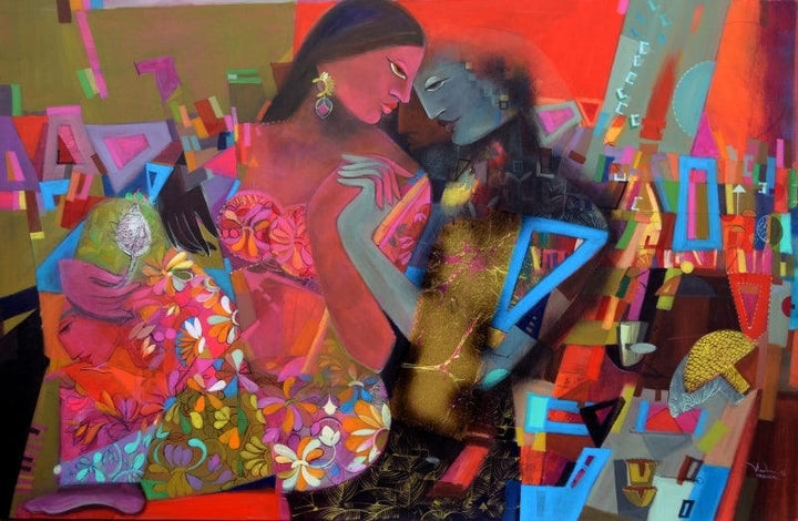 Figurative acrylic painting titled 'Swing 4', 44x70 inches, by artist Madan Lal on Canvas