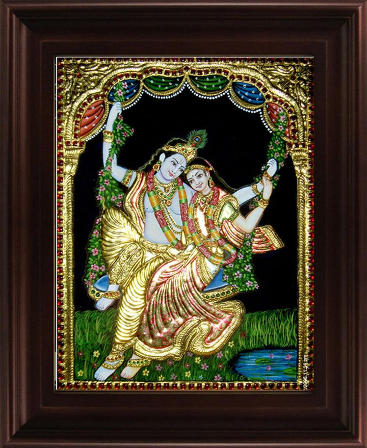 Religious tanjore traditional art titled 'Swinging Radha Krishna Tanjore 2', 24x18 inches, by artist Myangadi Tanjore on Plywood