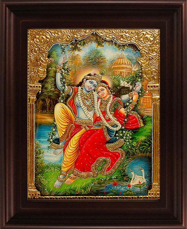 Religious tanjore traditional art titled 'Swinging Radha Krishna Tanjore', 24x18 inches, by artist Myangadi Tanjore on Plywood