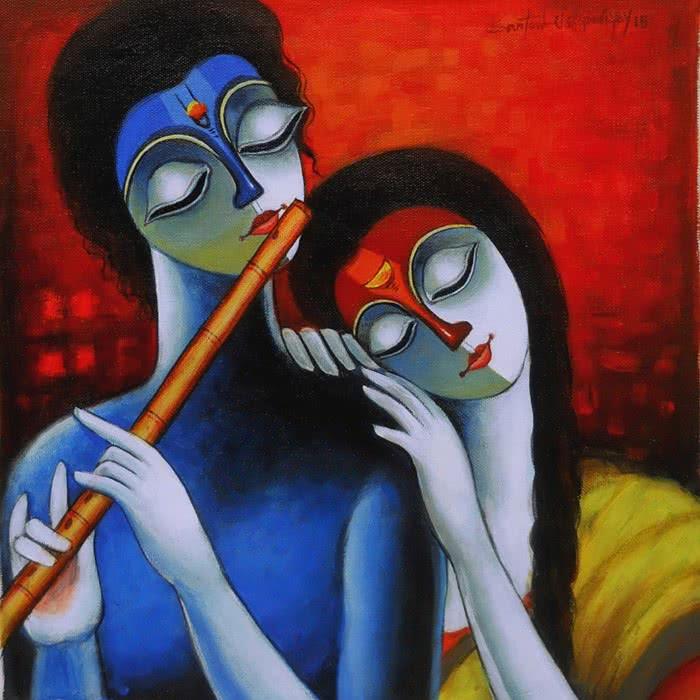 Figurative acrylic painting titled 'Symphony', 12x12 inches, by artist Santosh Chattopadhyay on Canvas