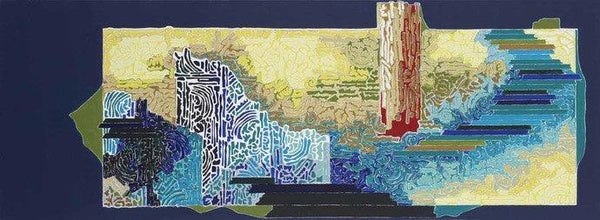 Abstract acrylic painting titled 'Symphony in Blue 1', 22x60 inches, by artist Veena Chitrakar on Canvas