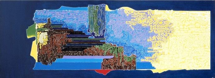 Abstract acrylic painting titled 'Symphony in Blue 2', 22x60 inches, by artist Veena Chitrakar on Canvas