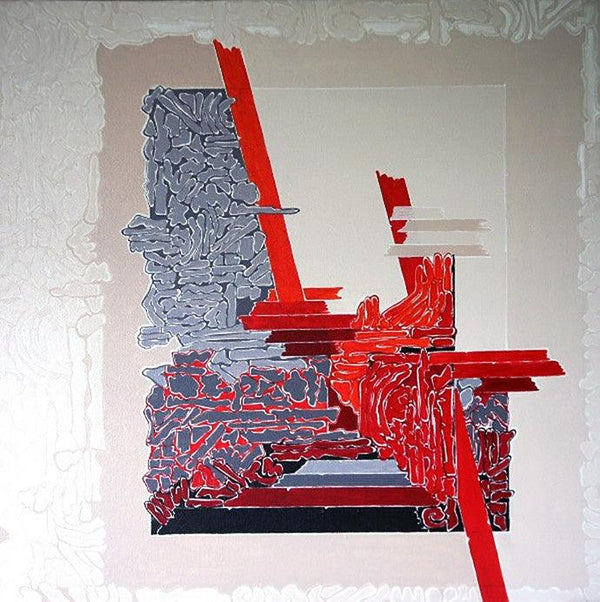 Abstract acrylic painting titled 'Symphony in Red Grey', 24x24 inches, by artist Veena Chitrakar on Canvas