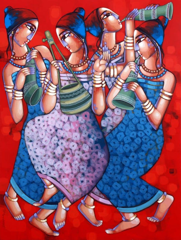 Figurative acrylic painting titled 'Symphony Of Happines 2', 48x36 inches, by artist Sekhar Roy on Canvas