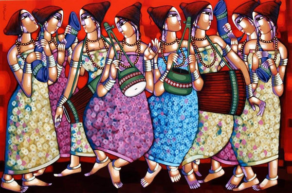 Figurative acrylic painting titled 'Symphony Of Happines 3', 36x72 inches, by artist Sekhar Roy on Canvas