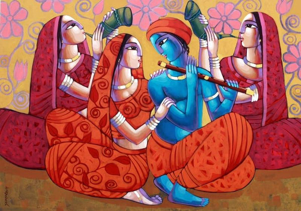 Religious acrylic painting titled 'Symphony Of Love', 48x66 inches, by artist Sekhar Roy on Canvas