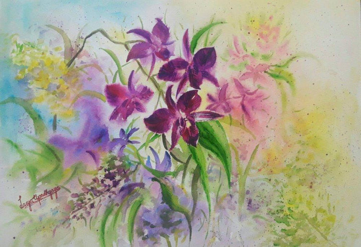 Nature watercolor painting titled 'Symphony of orchids', 12x16 inches, by artist Lasya Upadhyaya on Paper