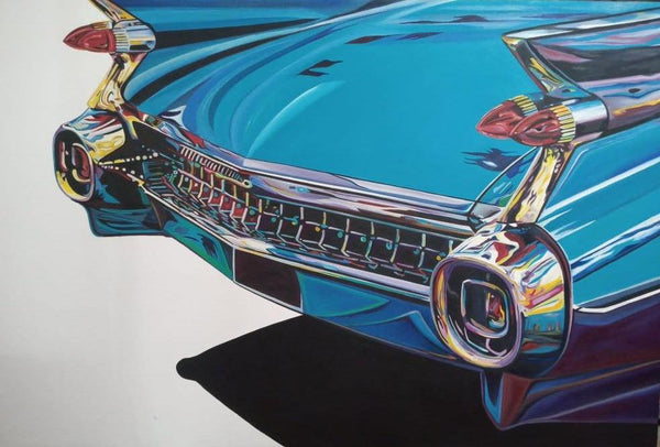 Transportation acrylic oil painting titled 'Tail Of A Blue Car', 48x72 inches, by artist Thrigulla Murali on Canvas