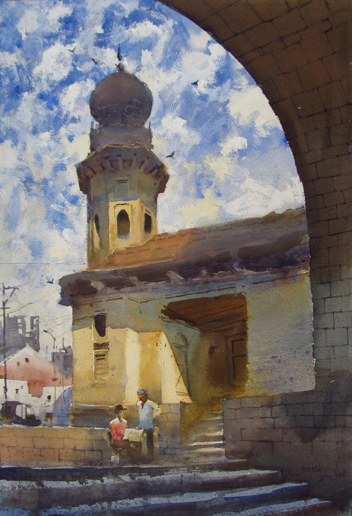 Landscape watercolor painting titled 'Taj Bawadi Vijapur', 21x14 inches, by artist Bhargavkumar Kulkarni on Paper