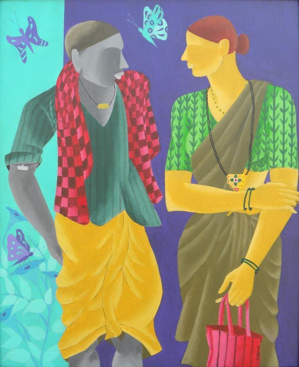 Figurative acrylic painting titled 'Talking Couple', 22x28 inches, by artist Abhiram Bairu on Canvas