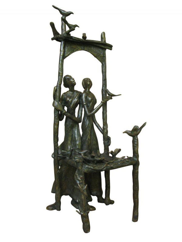 Figurative sculpture titled 'Talking With Bird', 20x8x7 inches, by artist Asurvedh Ved on Bronze