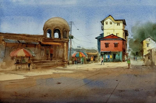 Cityscape watercolor painting titled 'Tamboli Pan Bhandar', 14x21 inches, by artist Ashwin Khapare on Paper