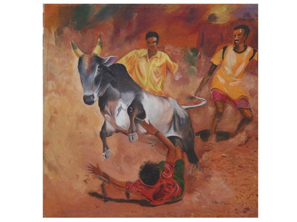 Realistic acrylic painting titled 'Tamilnadu bull fight', 36x36 inches, by artist Vignesh Kumar on canvas