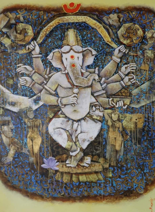 Religious acrylic painting titled 'Tantra Ganesha', 78x54 inches, by artist Manas Jena on Canvas