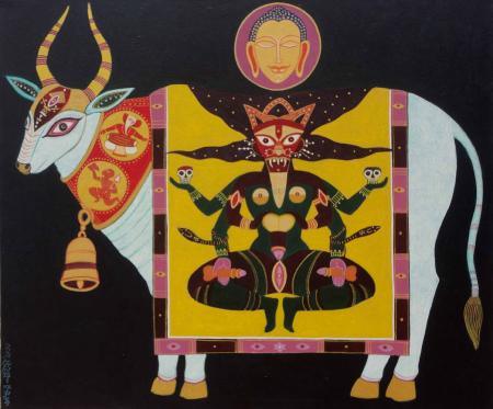 Animals acrylic painting titled 'Tantric Deity', 26x40 inches, by artist Bhaskar Lahiri on Canvas