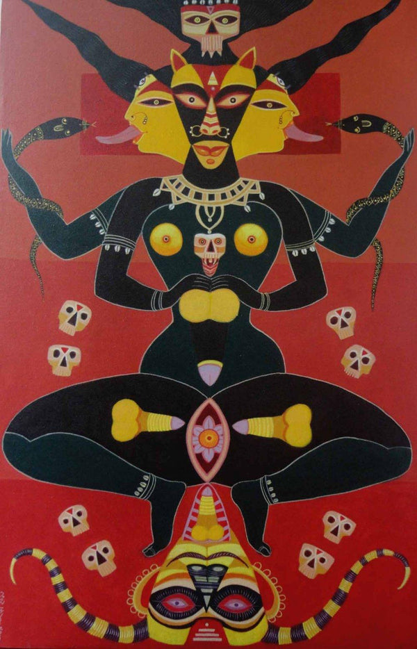 Religious acrylic painting titled 'Tantrik Deity', 40x26 inches, by artist Bhaskar Lahiri on Canvas