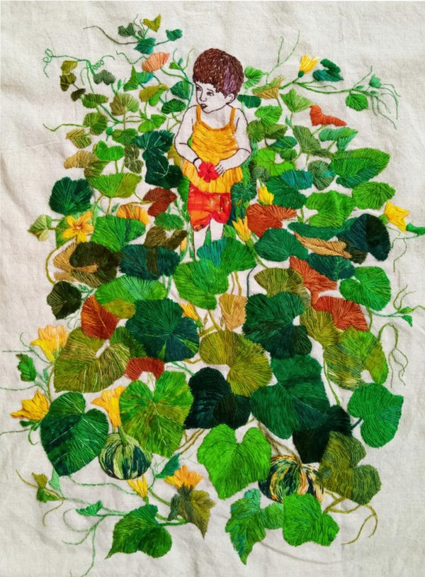 Figurative mixed media painting titled 'Tanwi Greenland', 20x14 inches, by artist Shatabdi Roy on Cloth
