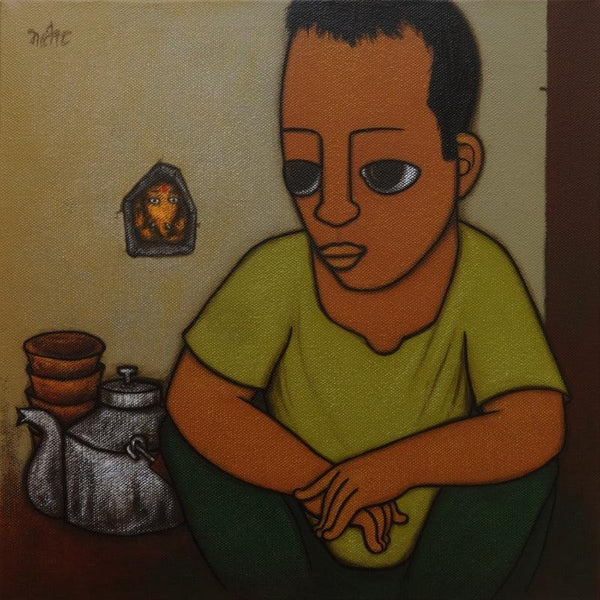 Figurative acrylic painting titled 'Tea Boy', 12x12 inches, by artist Hitendra Singh Bhati on Canvas