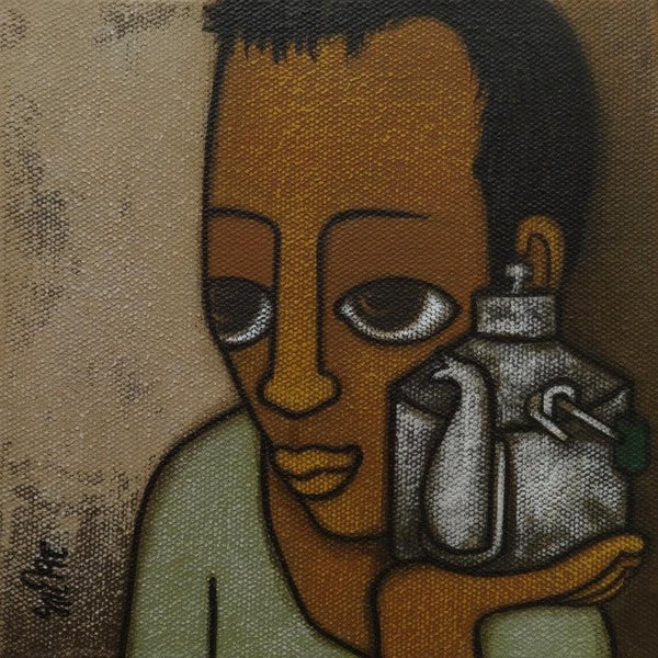 Figurative acrylic painting titled 'Tea Seller 2', 6x6 inches, by artist Hitendra Singh Bhati on Canvas