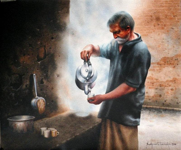 Figurative watercolor painting titled 'Tea Stall', 18x23 inches, by artist Sudipta Karmakar on Paper