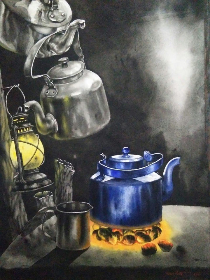 Still-life watercolor painting titled 'Tea Time', 30x22 inches, by artist Saikat Maity on Paper