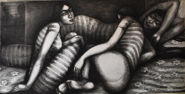 Figurative dry pastel drawing titled 'Teen Kanya', 30x60 inches, by artist Sumana Nath De on Paper