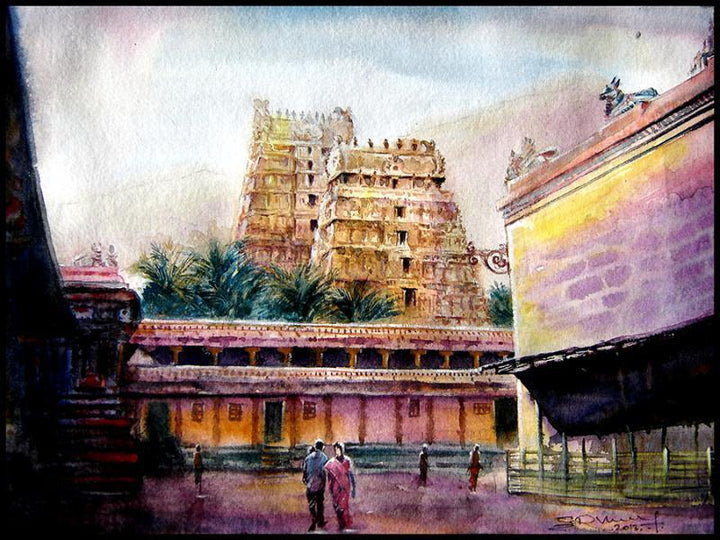 Cityscape watercolor painting titled 'Temple 1', 15x11 inches, by artist SRV ARTIST on Handmade Paper