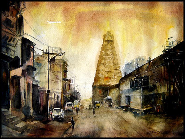 Cityscape watercolor painting titled 'Temple 2', 15x11 inches, by artist SRV ARTIST on Handmade Paper