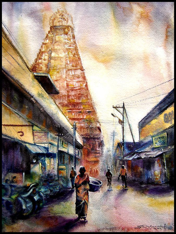 Cityscape watercolor painting titled 'Temple 3', 15x11 inches, by artist SRV ARTIST on Handmade Paper