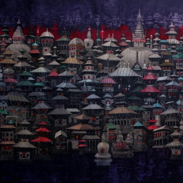 Cityscape printmaking titled 'Temple And Stupa', 40x40 inches, by artist Uma Shanker Shah on Paper