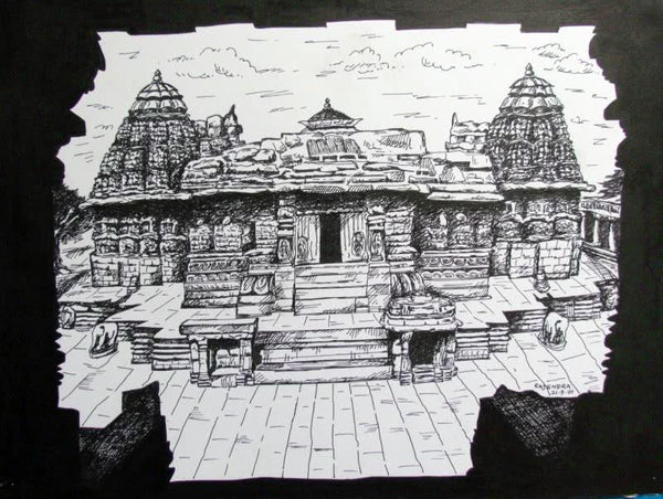 Cityscape ink drawing titled 'Temple', 11x14 inches, by artist Rajendra V on Ivory Paper