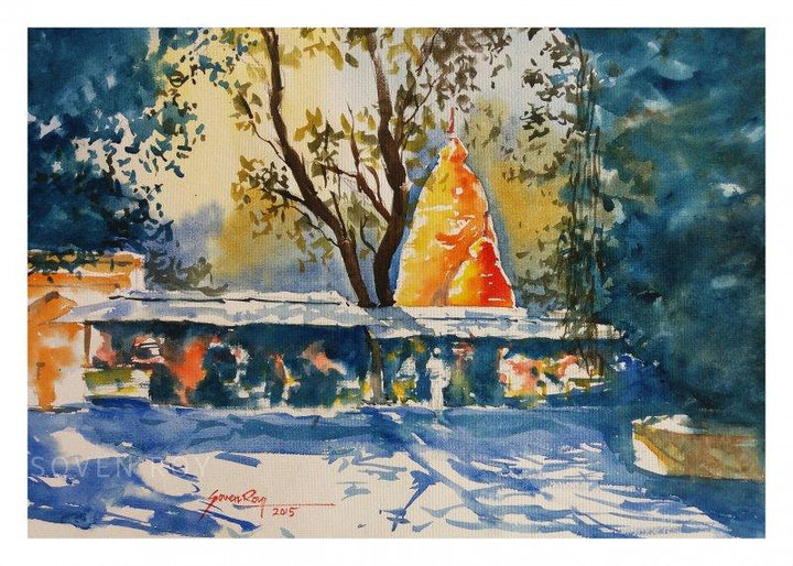 Landscape watercolor painting titled 'Temple at Baneswar ', 20x14 inches, by artist Soven Roy on Paper