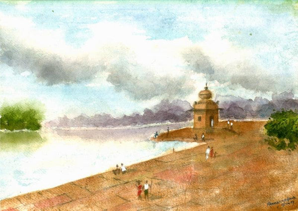 Cityscape watercolor painting titled 'Temple At Riverside', 10x14 inches, by artist Ramessh Barpande on Paper