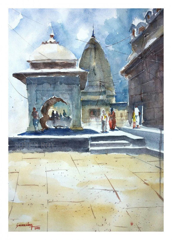 Landscape watercolor painting titled 'Temple At Wai', 20x14 inches, by artist Soven Roy on Paper