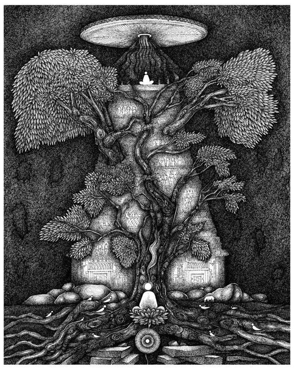 Religious pen ink drawing titled 'Temple Chakrasize', 15x12 inches, by artist V Vasandan on Paper