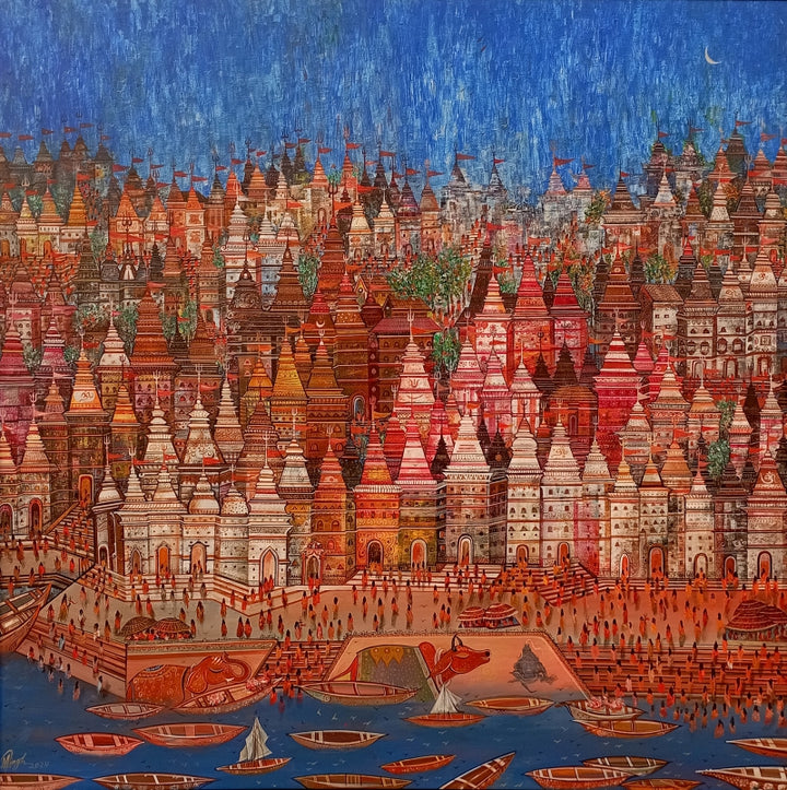 Religious acrylic painting titled 'Temple City 1', 48x48 inch, by artist M Singh on Canvas