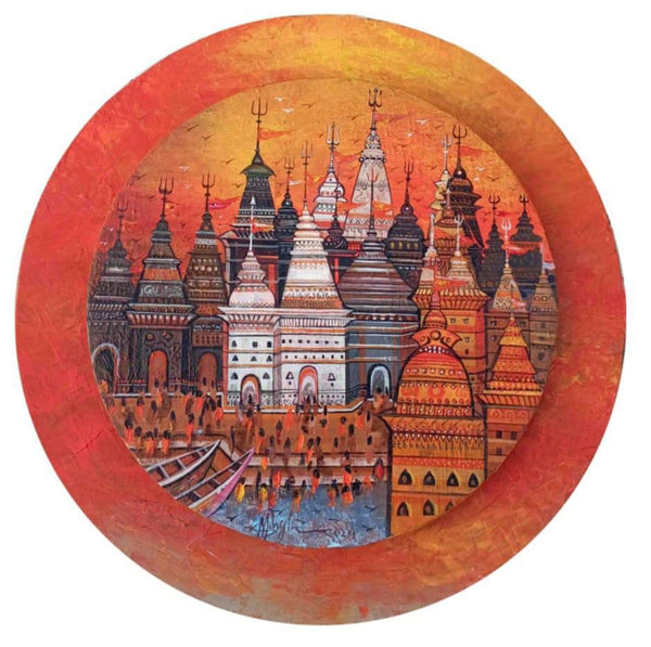 Religious acrylic painting titled 'Temple City 1', 12x12 inch, by artist M Singh on Canvas