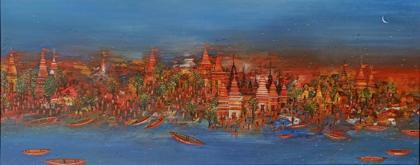 Religious acrylic painting titled 'Temple City 2', 24x60 inch, by artist M Singh on Canvas