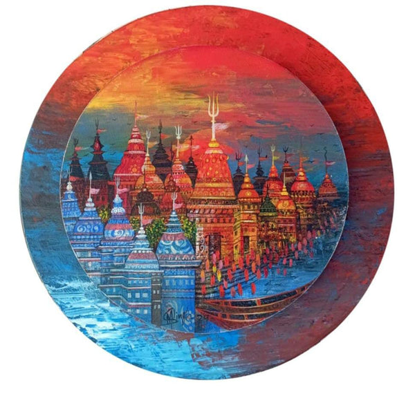 Religious acrylic painting titled 'Temple City 2', 12x12 inch, by artist M Singh on Canvas