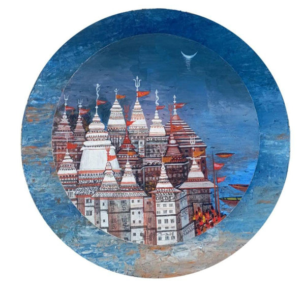 Religious acrylic painting titled 'Temple City 4', 12x12 inch, by artist M Singh on Canvas