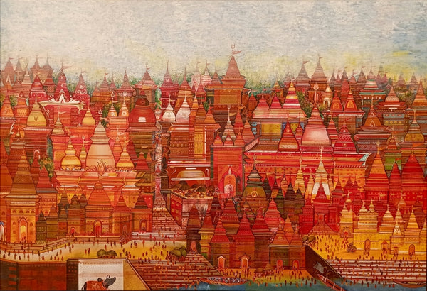 Religious acrylic painting titled 'Temple City Of My Dreams', 48x72 inch, by artist M Singh on Canvas