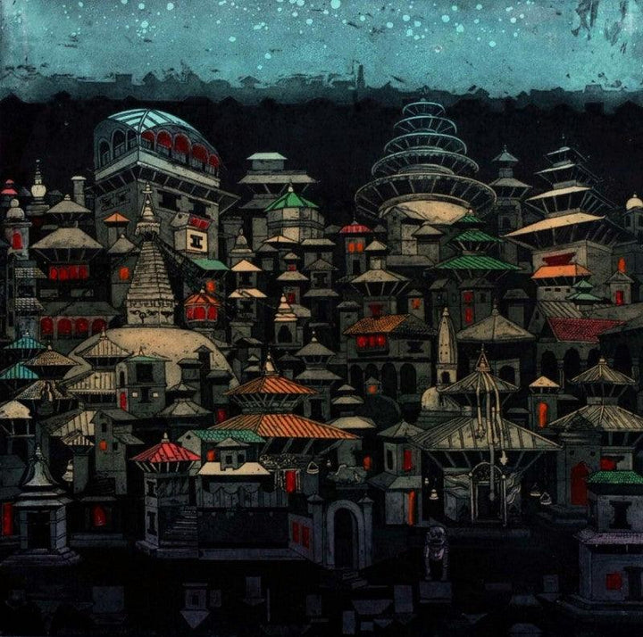 Cityscape printmaking titled 'Temple City Size 2', 20x20 inches, by artist Uma Shanker Shah on Paper