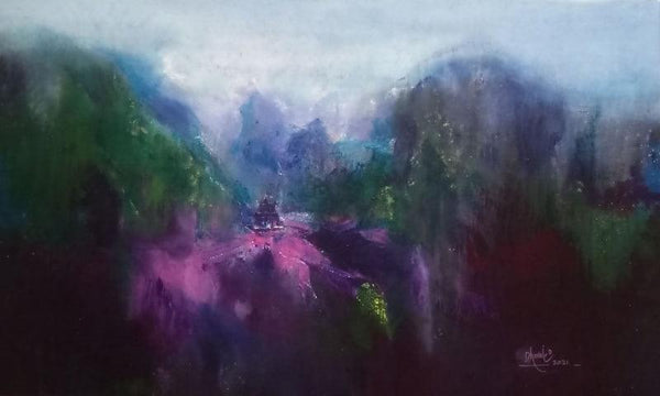 Abstract acrylic painting titled 'Temple N The Mountains', 60x36 inches, by artist Dnyaneshwar Dhavale on Canvas